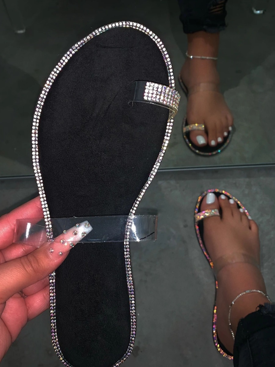 

LW Rhinestone Clear Strap Slides, Black