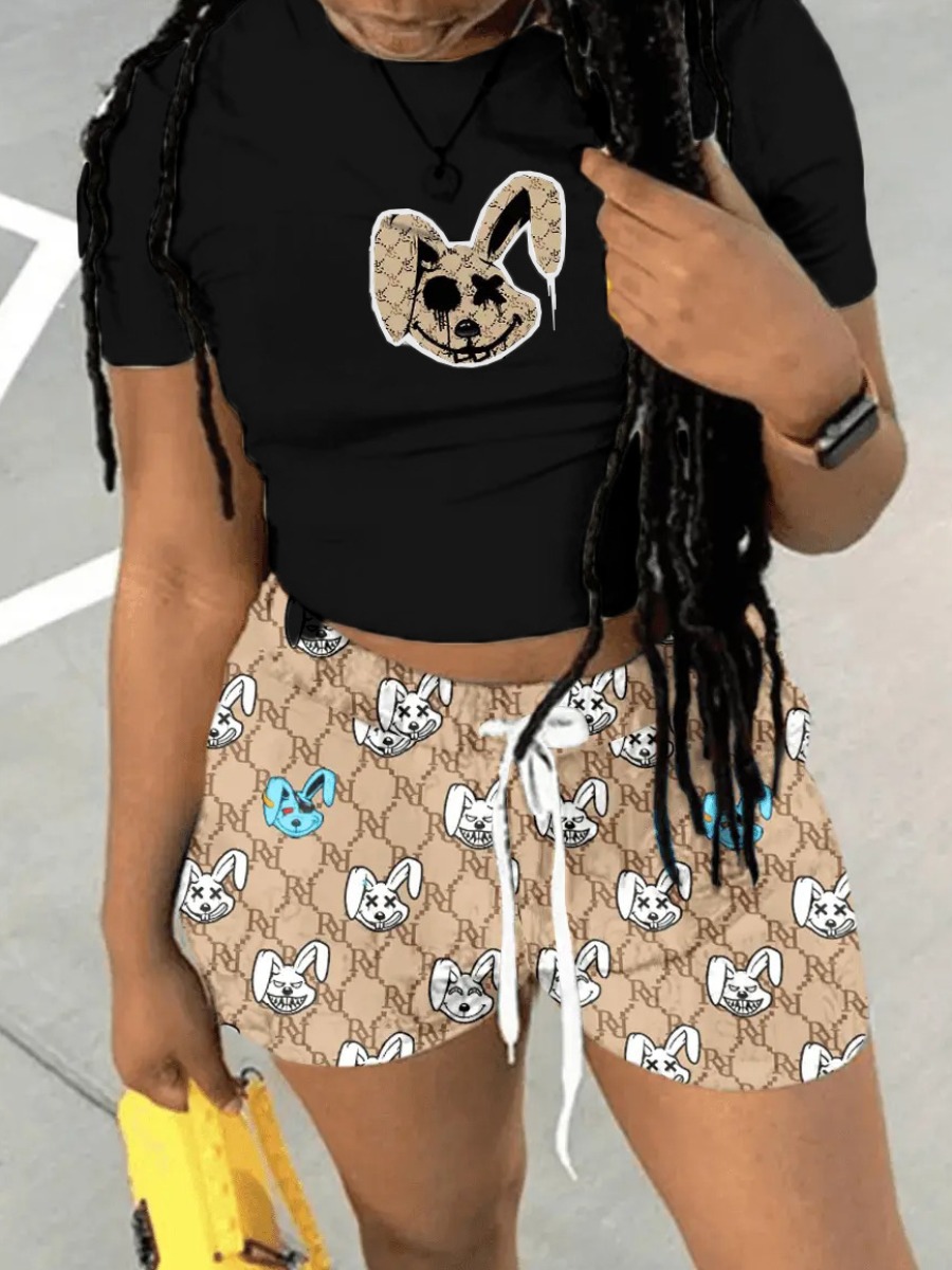 

LW Crop Top Cartoon Print Shorts Set, Black