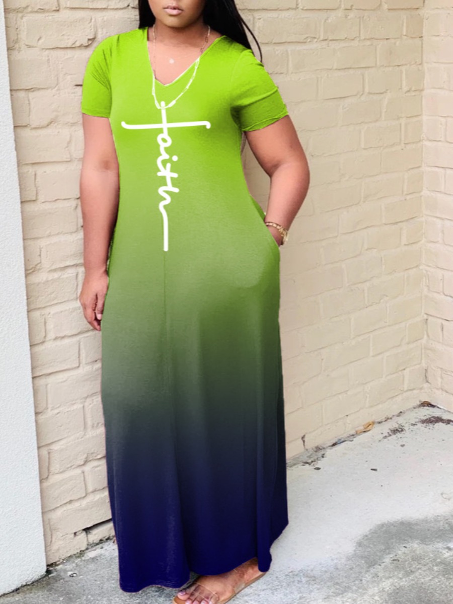 

LW BASICS Gradient Faith Letter Print Dress, Green