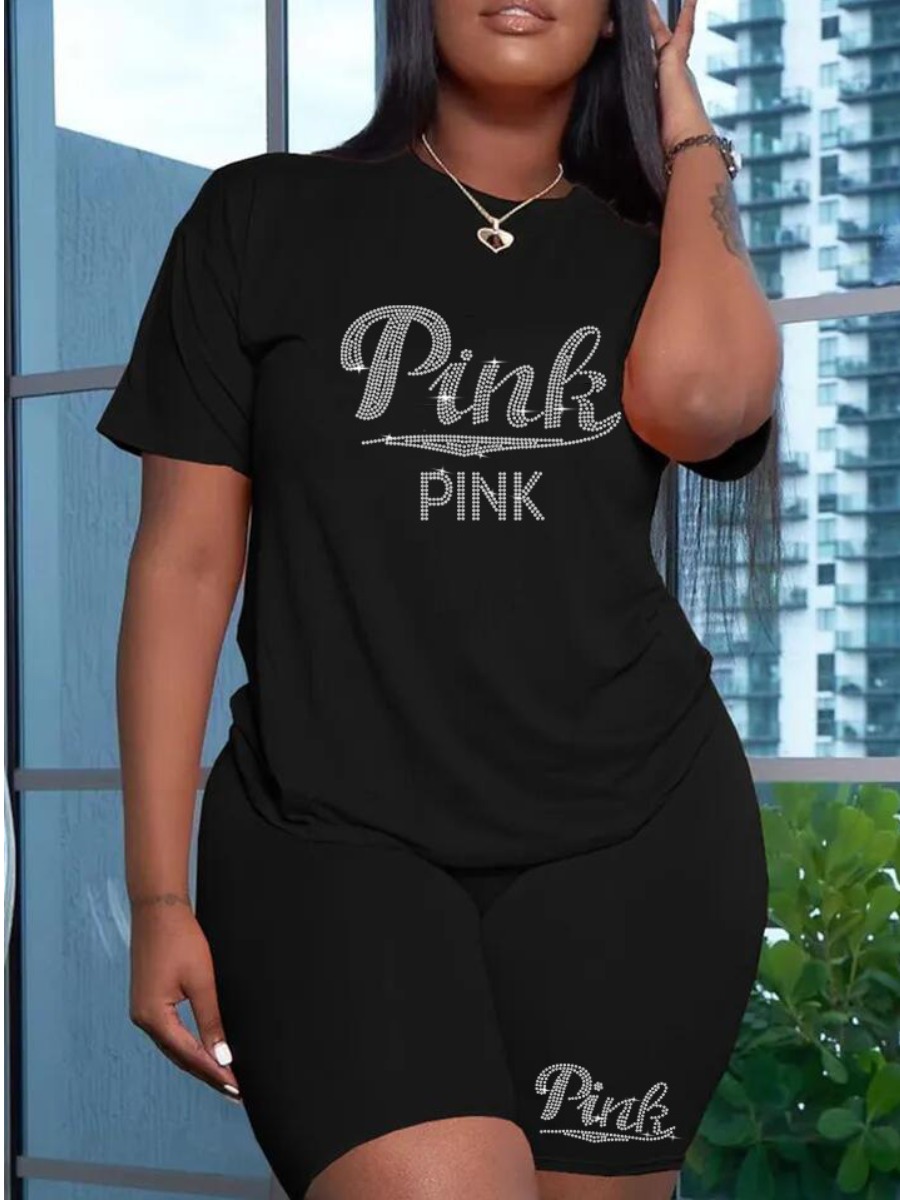 

LW Rhinestone Pink Letter Shorts Set, Black