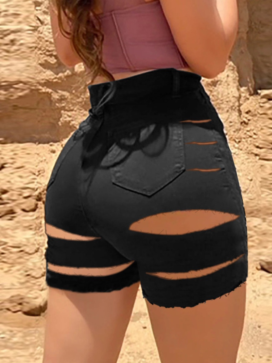 

LW High-waisted Ripped Denim Shorts, Black