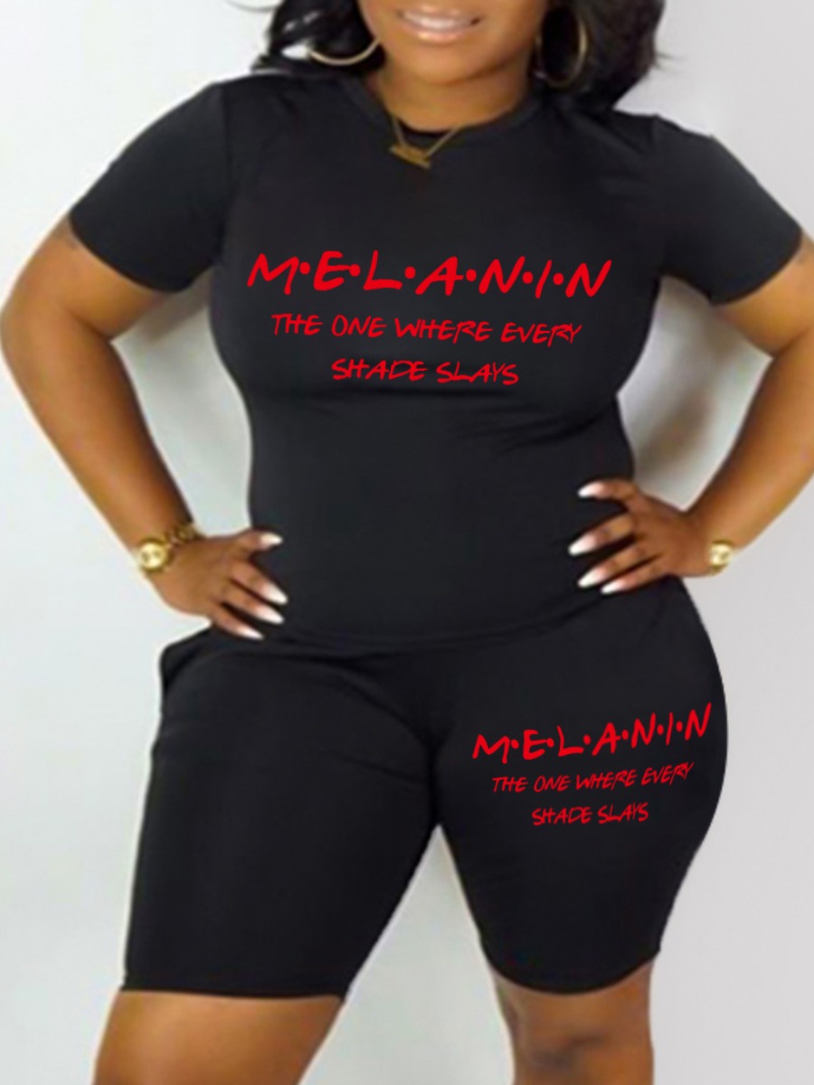 

LW Plus Size Melanin Letter Print Shorts Set, Black