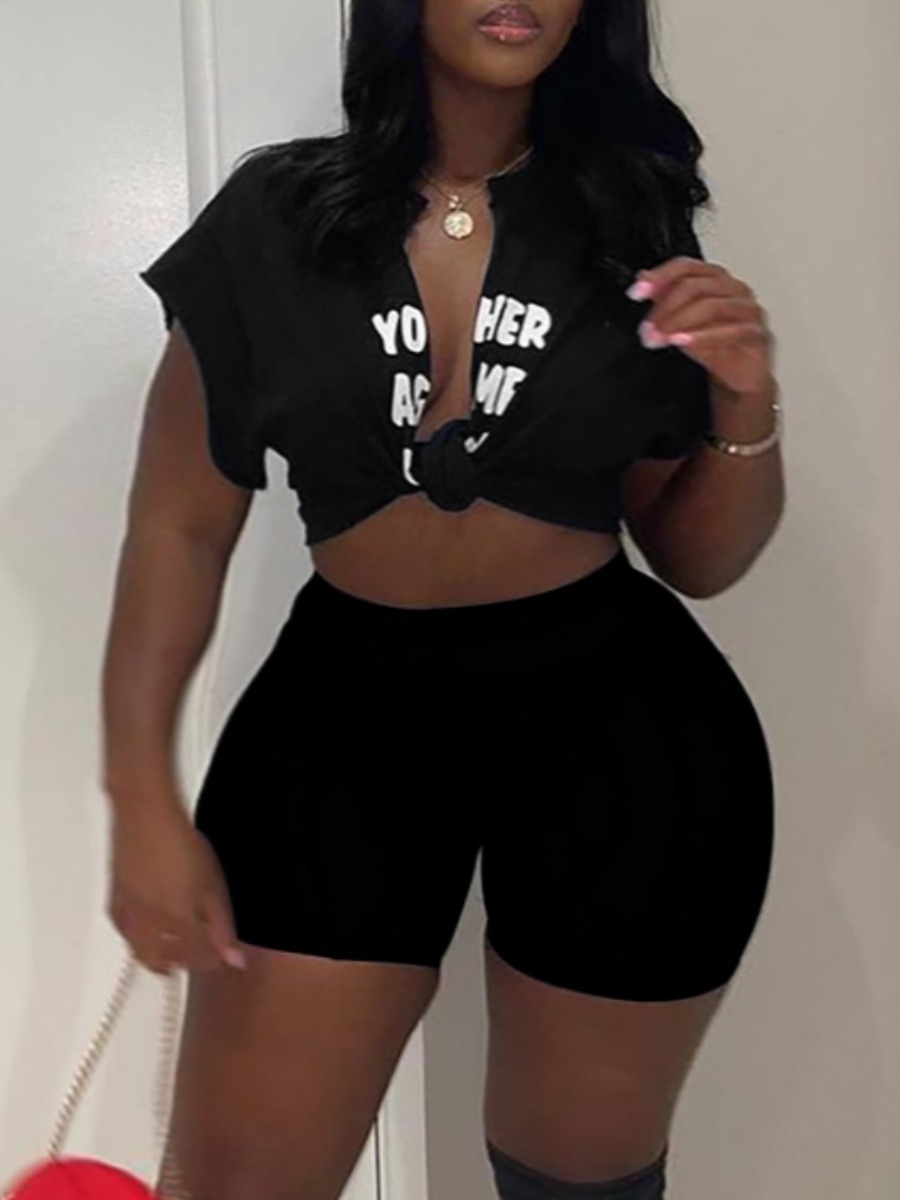 

LW SXY Plus Size Letter Print Split Shorts Set, Black