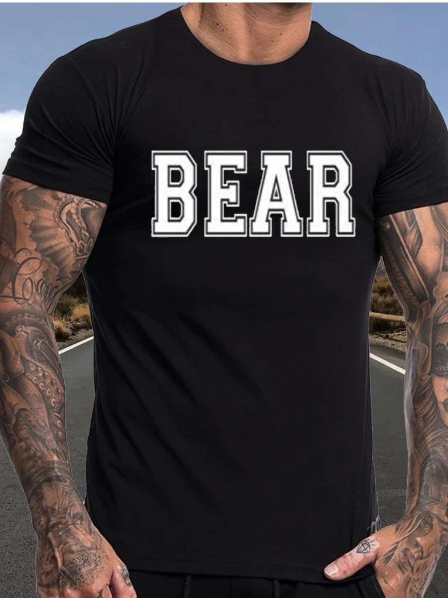 

LW Men Bear Letter Print T-shirt, Black