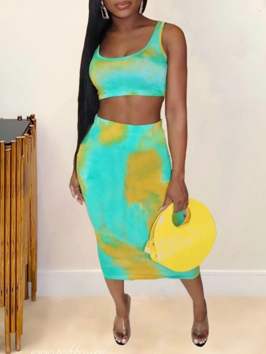 

LW Crop Top Tie-dye Skirt Set, Green