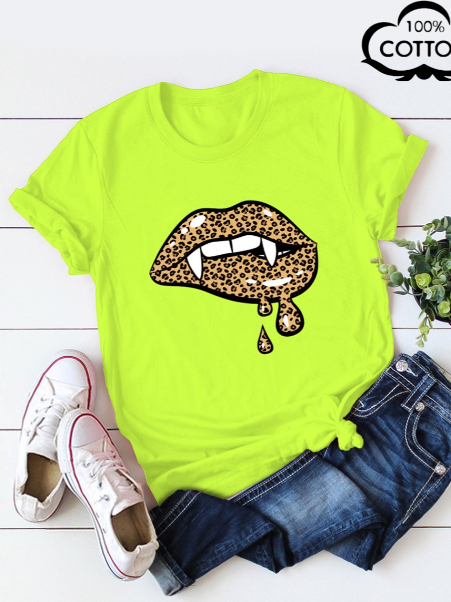 

LW COTTON Plus Size Leopard Lip Print T-shirt, Green