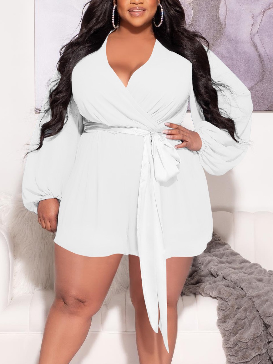 

LW SXY Plus Size V Neck Bandage Design Romper, White