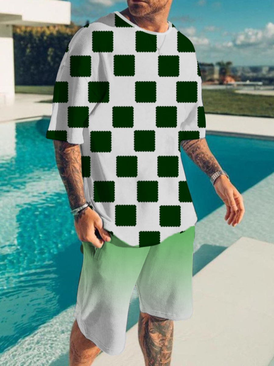 

LW Men Gradient Plaid Print Drawstring Shorts Set, Green