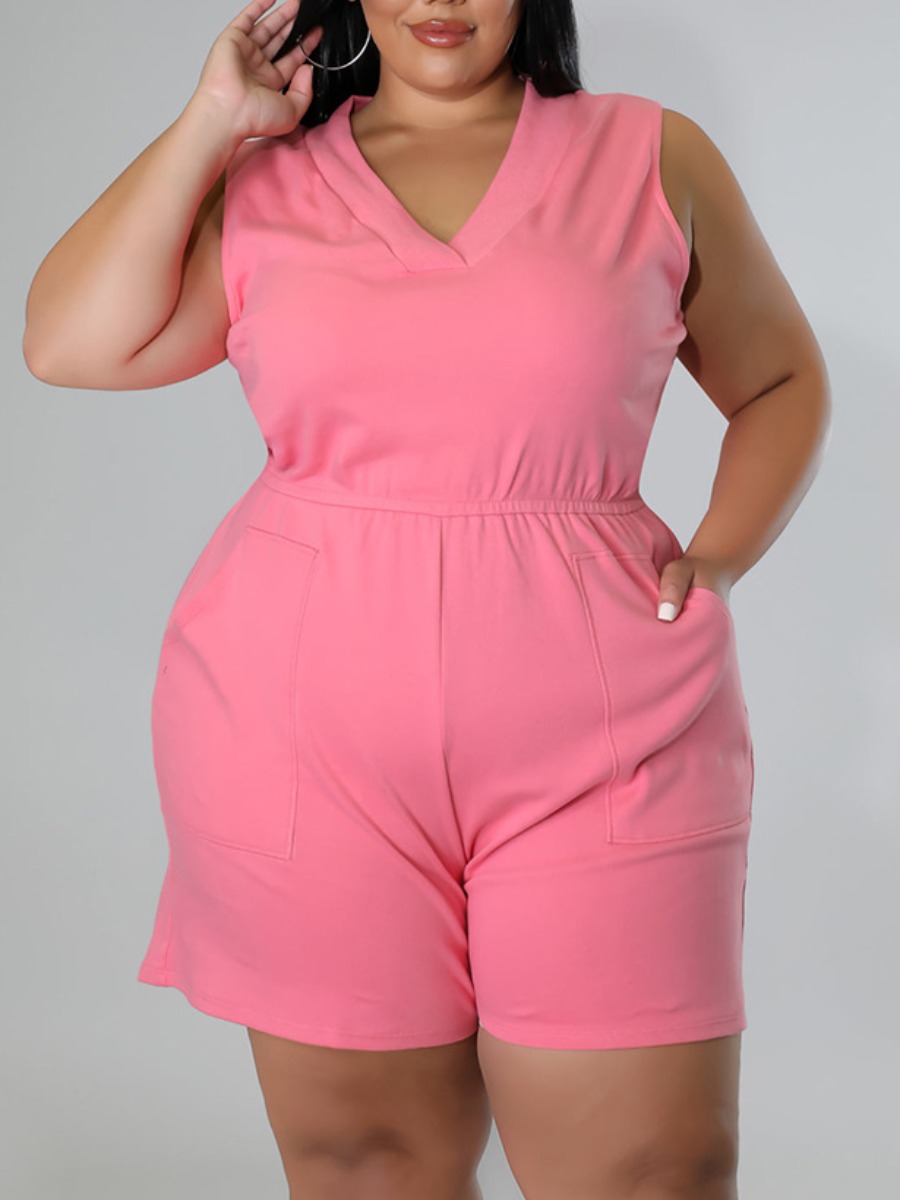 

LW SXY Plus Size Pocket Design Stretchy Romper, Pink