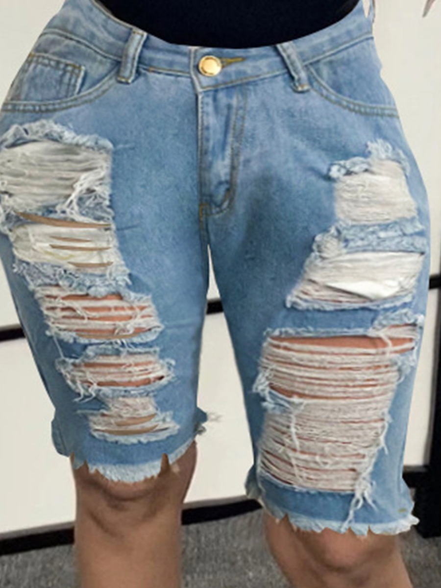 

LW Ripped Medium Stretchy Denim Shorts, Blue