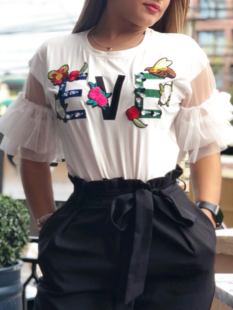 

LW Floral Letter Print Blouse, White