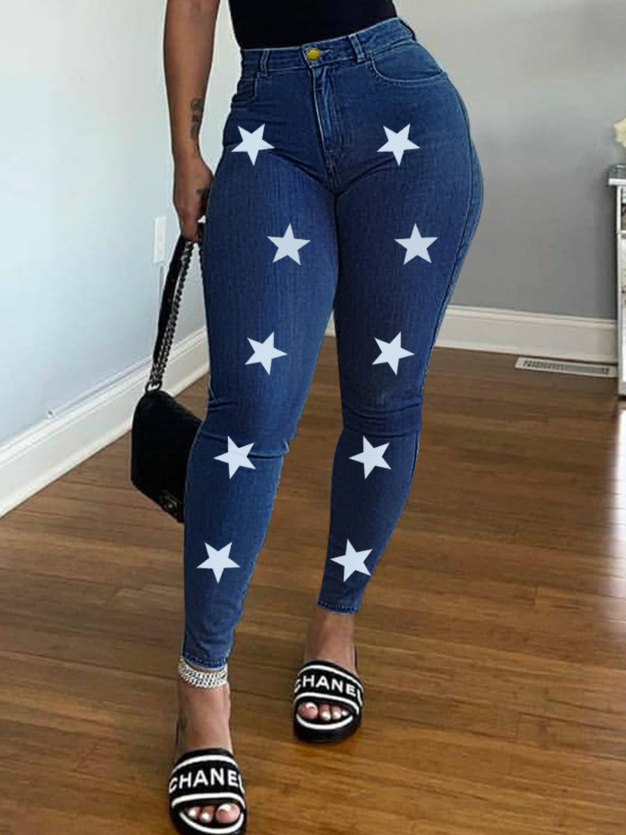 

LW High-waisted Star Print Jeans, Blue