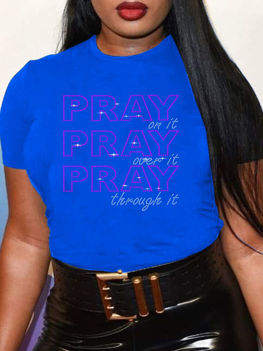 

LW Plus Size Pray Over It Letter T-shirt, Blue