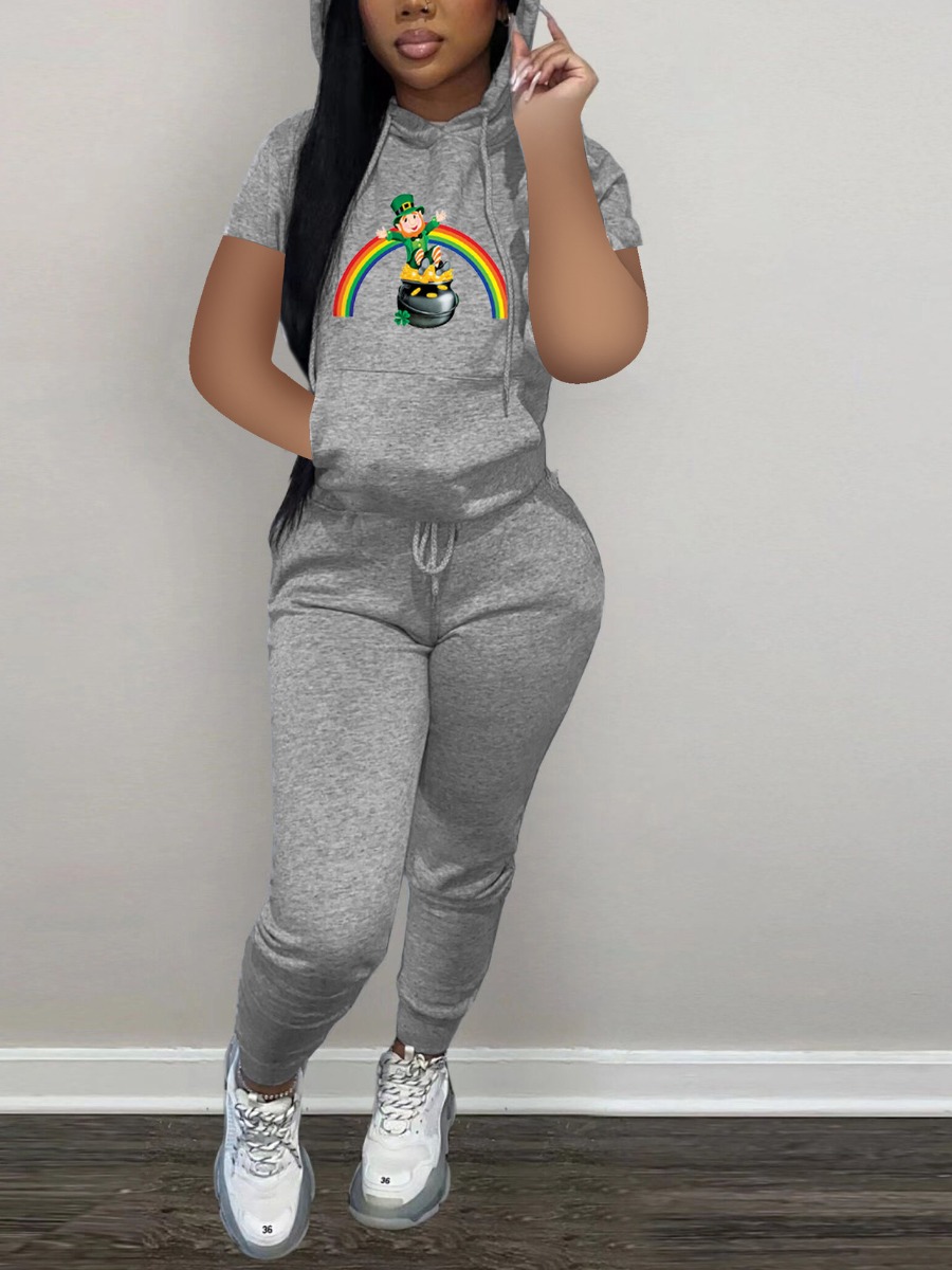 

LW Rainbow Print Kangaroo Pocket Drawstring Sweatsuit Set, Grey