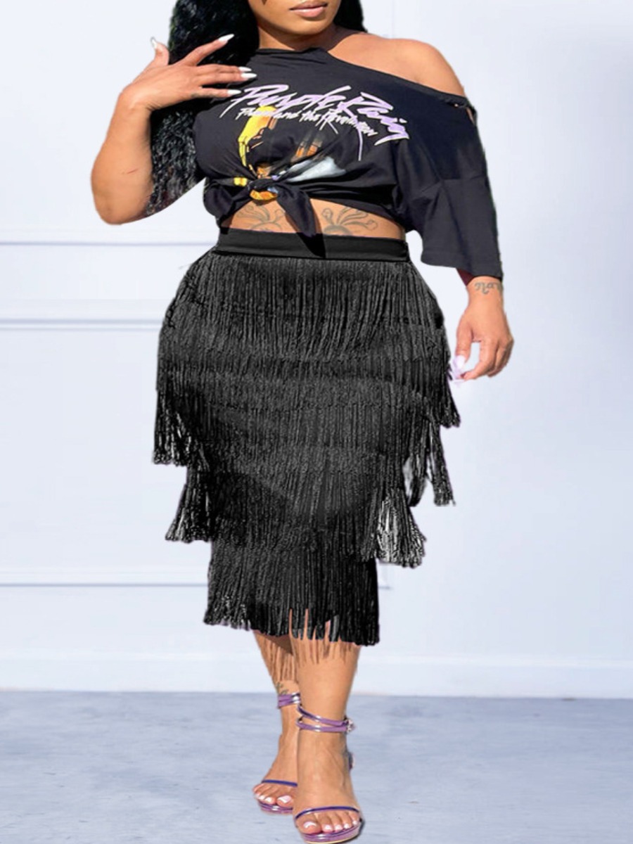 

LW Plus Size One Shoulder Letter Print Tassel Design Skirt Set, Black