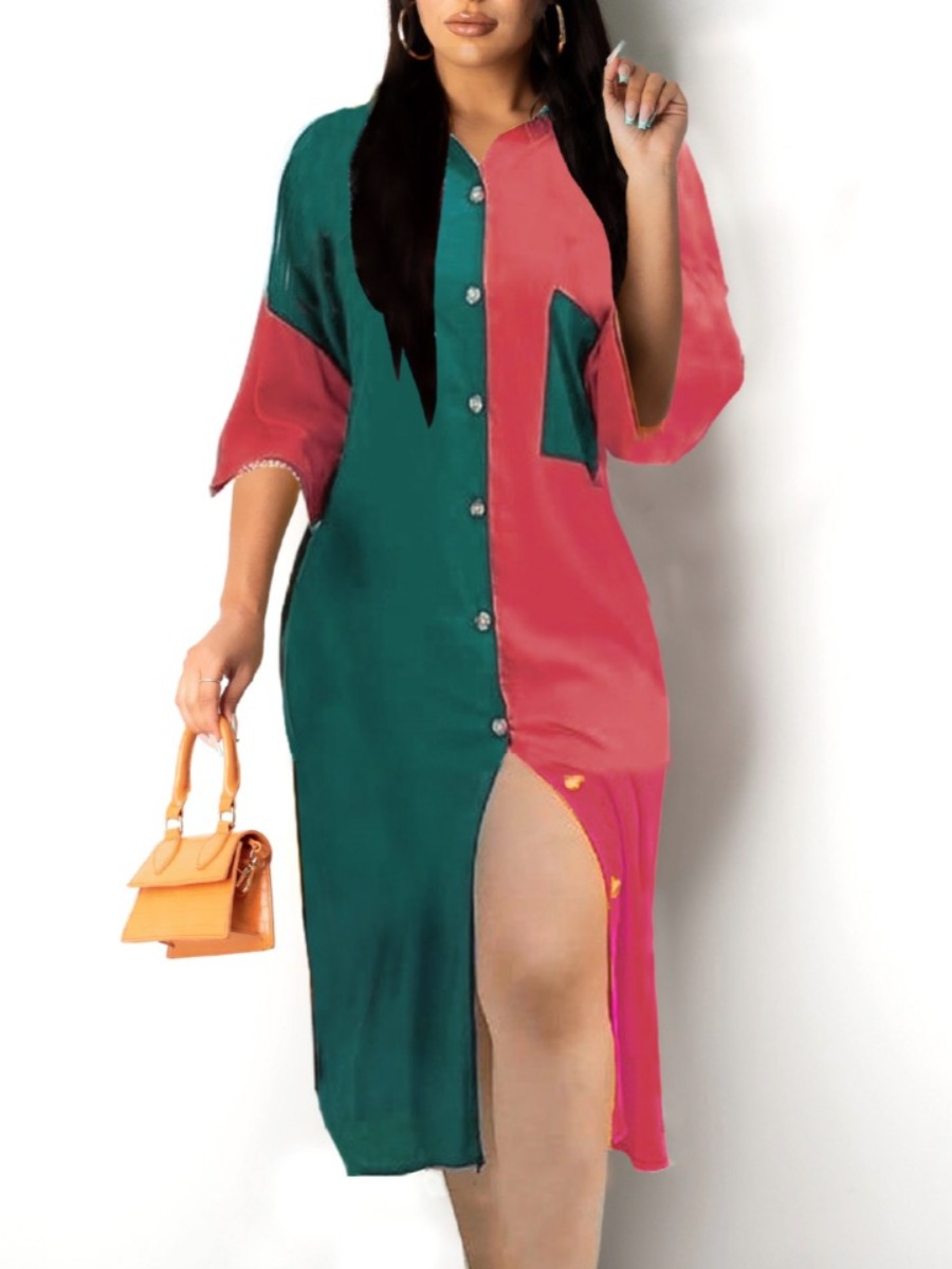 

LW Plus Size Pocket Design Patchwork Shirt Dress, Green