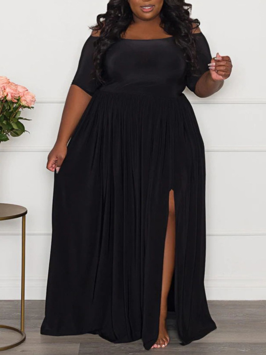 LW SXY Plus Size Off The Shoulder Slit A Line Dress, Black