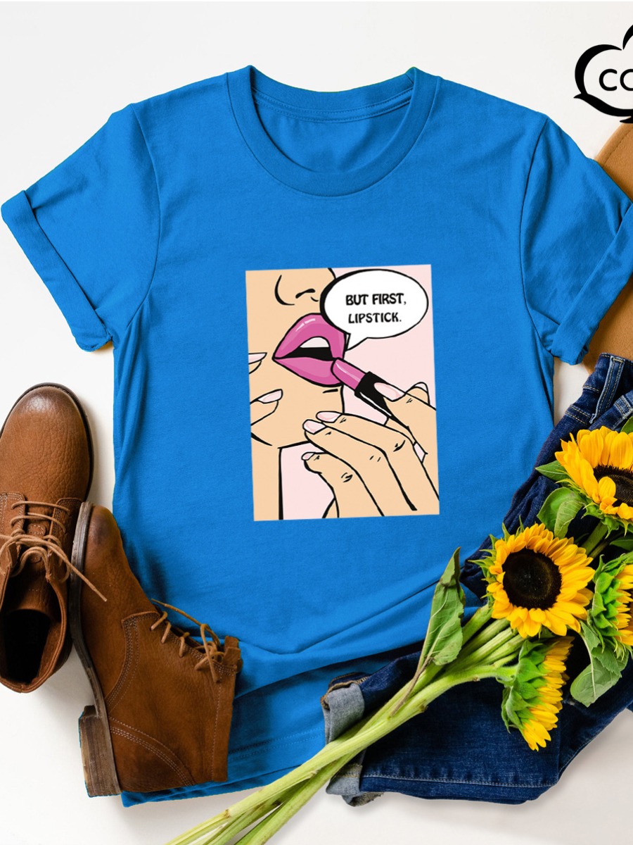 

LW COTTON Plus Size Figure Lip Print T-shirt, Blue