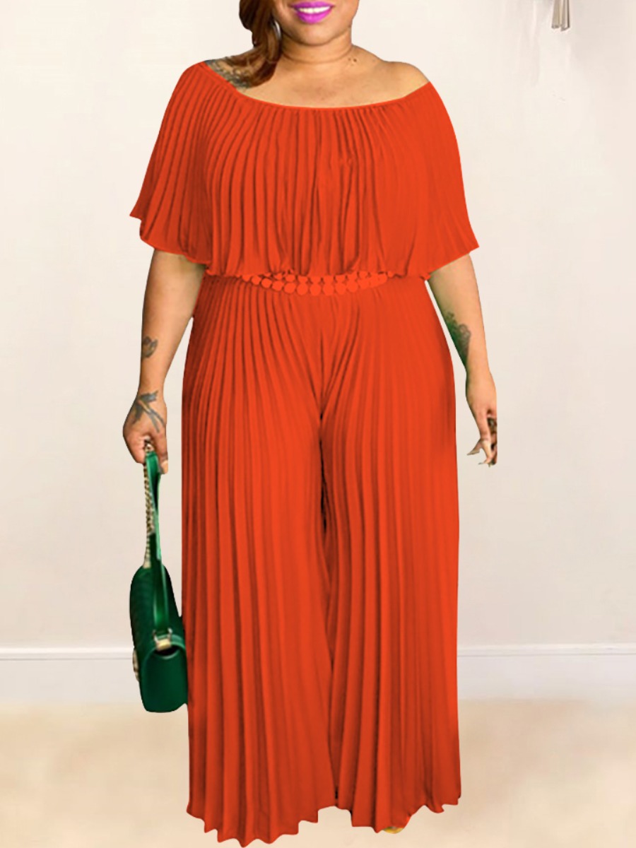 

LW SXY Plus Size Boat Neck Pleated Jumpsuit, Orange