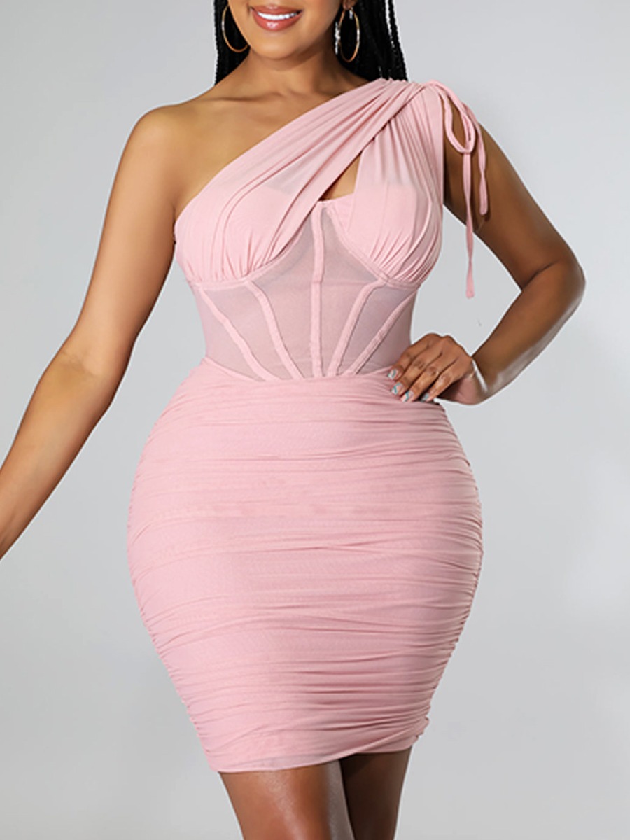

LW One Shoulder Ruched Bodycon Dress, Light pink