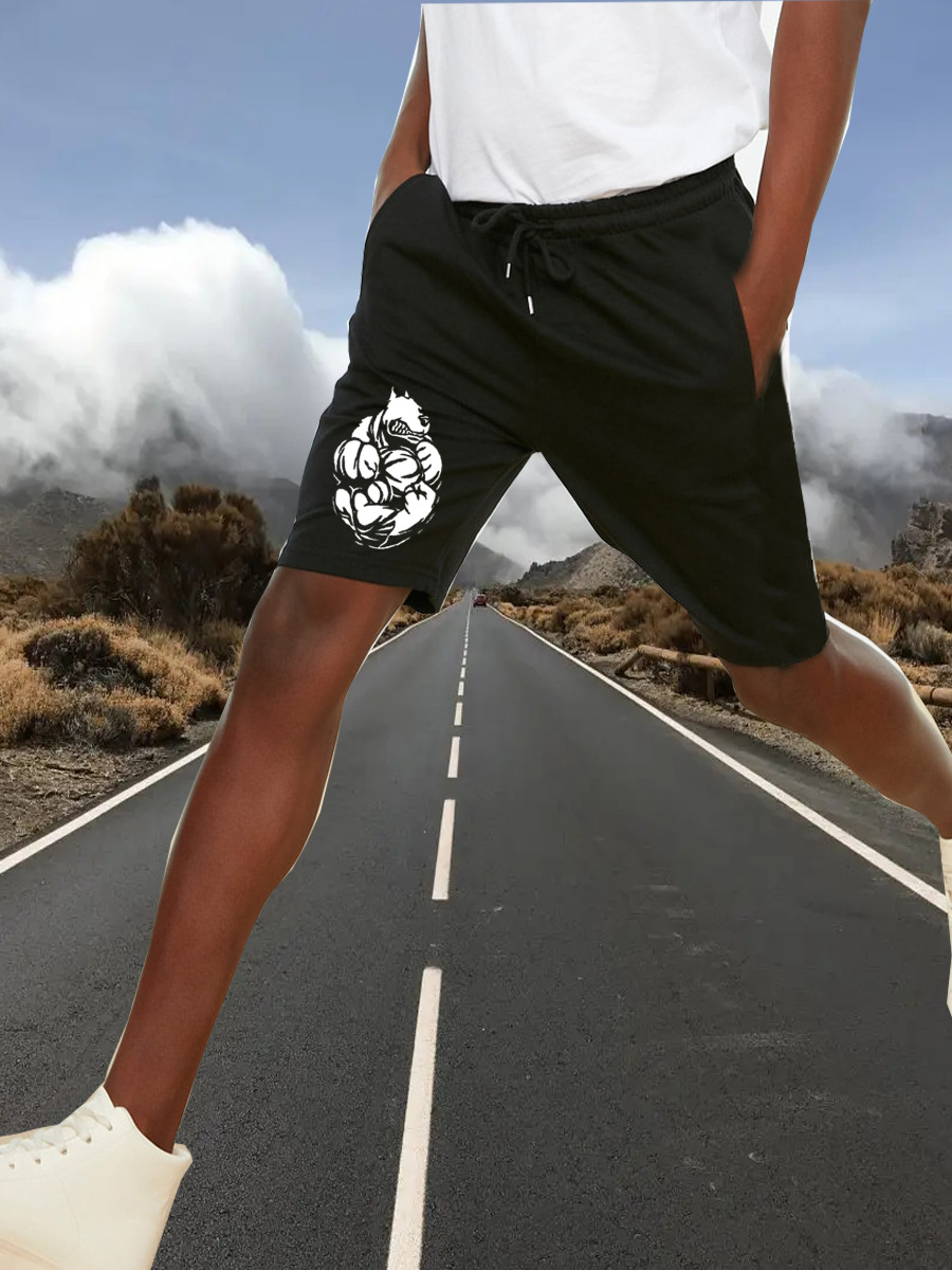 

LW Men Cartoon Print Drawstring Shorts, Black