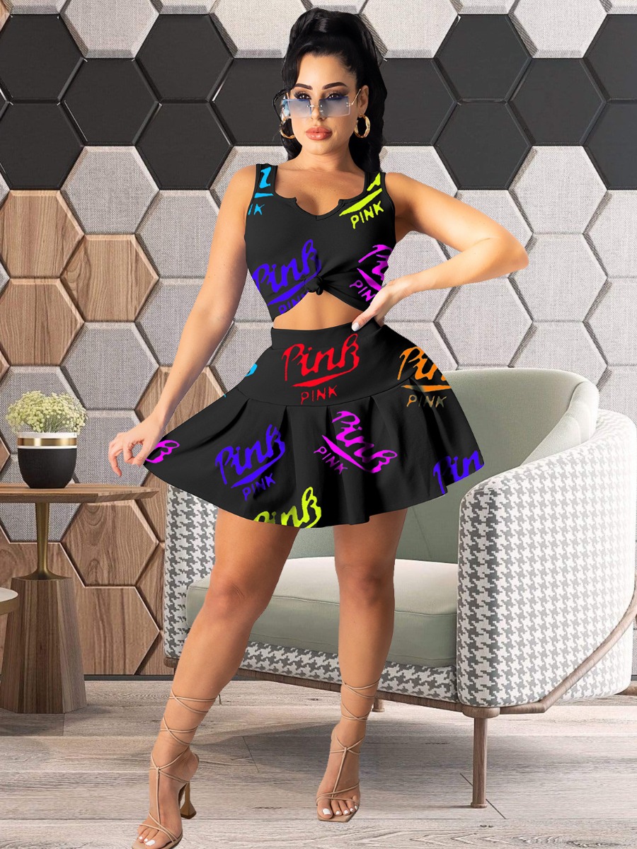 LW Pink Letter Print Flounce Design Skirt Set