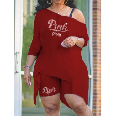 

LW Plus Size Rhinestone Pink Letter Asymmetrical Shorts Set, Wine red