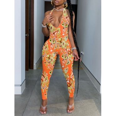 

LW SXY Print Mixed Backless Skinny Jumpsuit, Orange