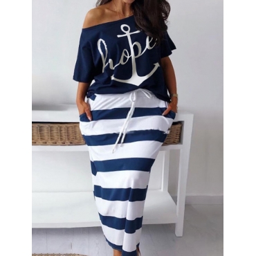 

LW Plus Size Letter Print Striped Skirt Set, Blue