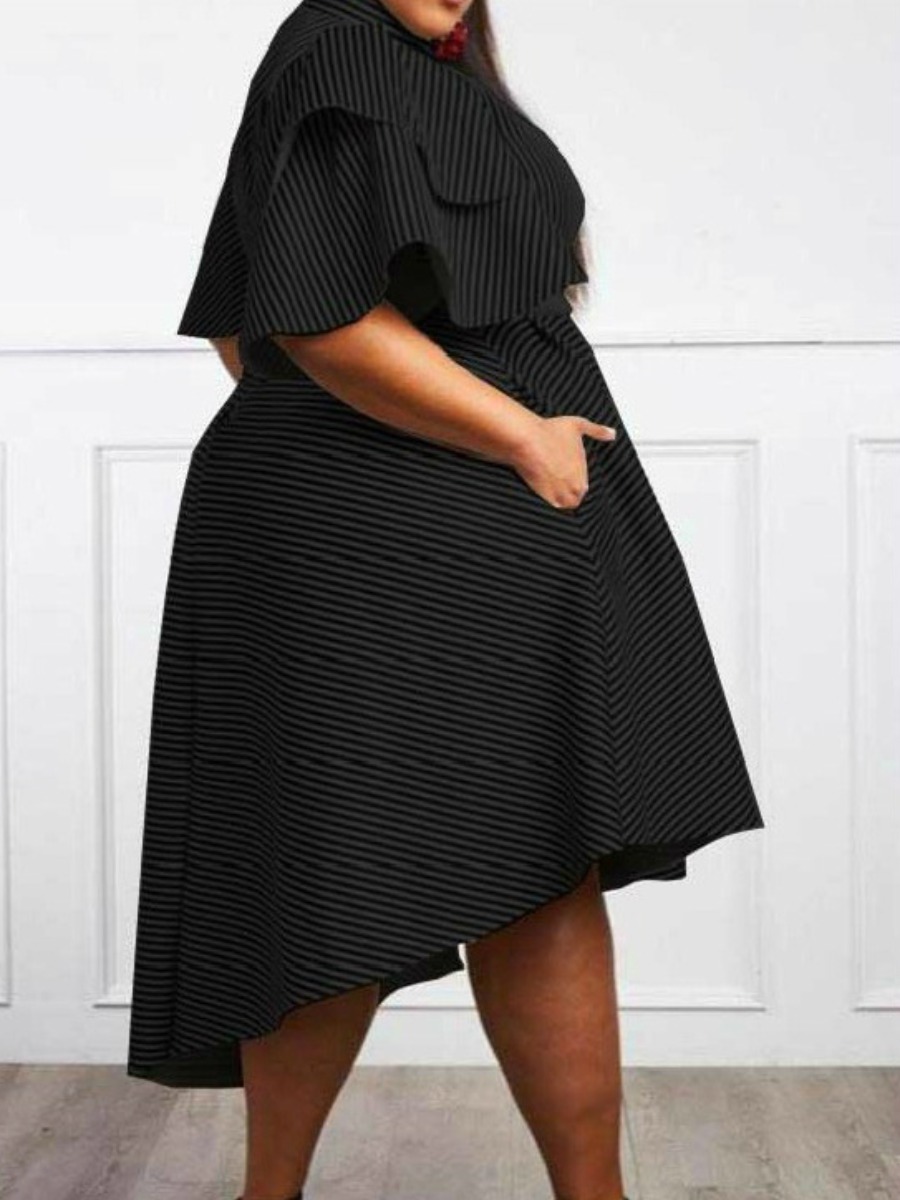LW SXY Plus Size Flounce Design Striped A Line Dress