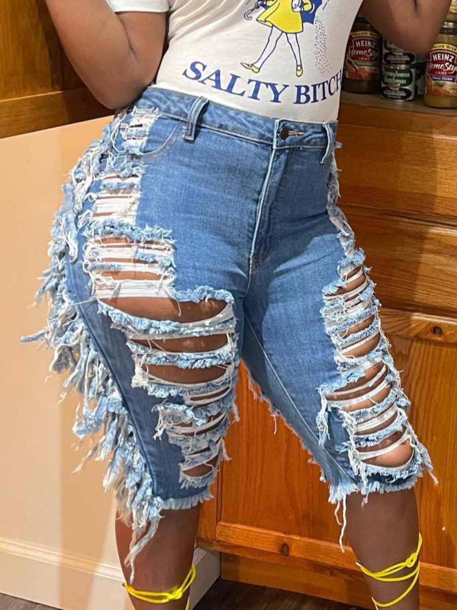 

LW Tassel Design Ripped Denim Shorts, Blue