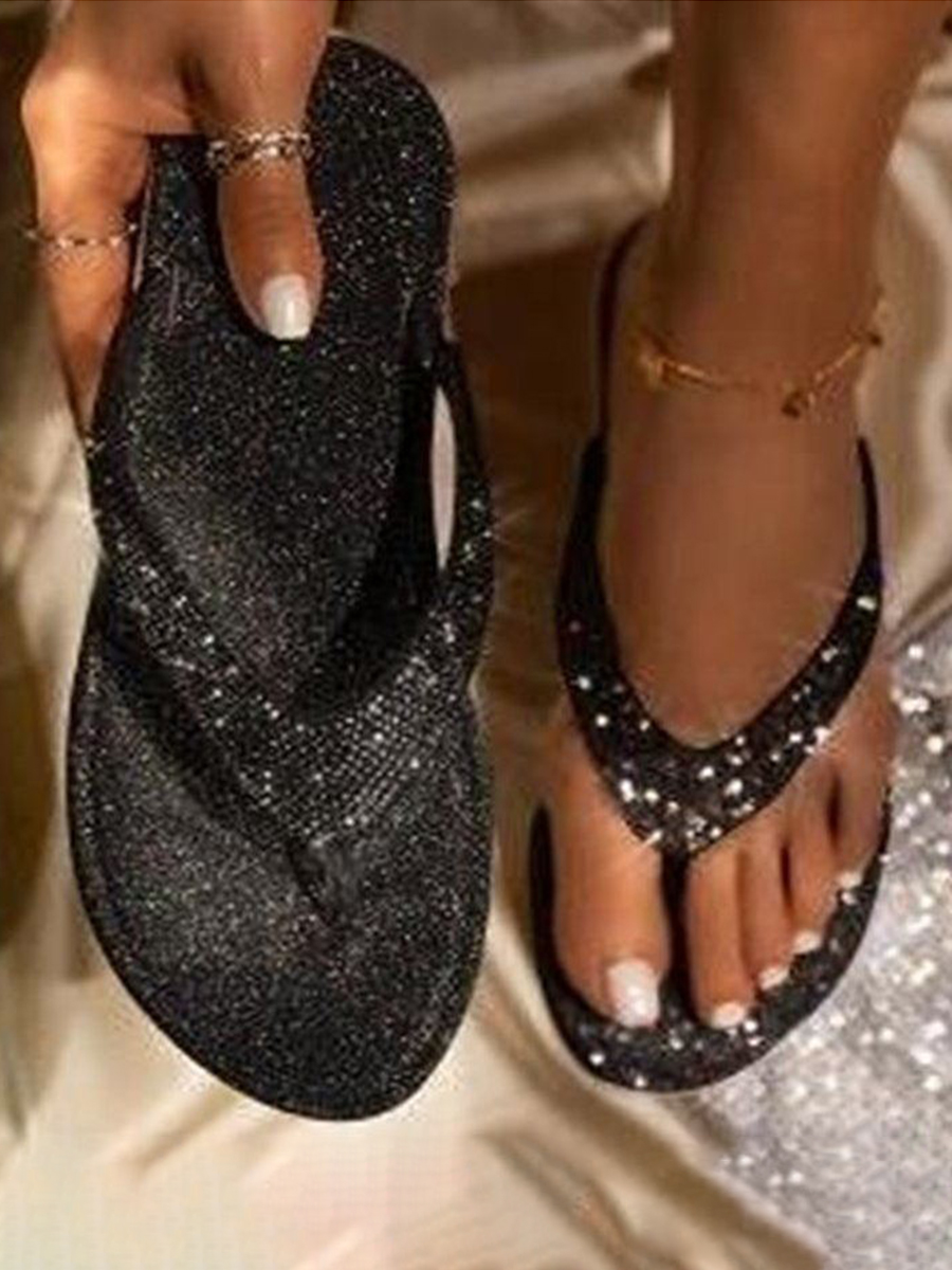 

LW Round Toe Rhinestone Solid Daily Slippers, Black