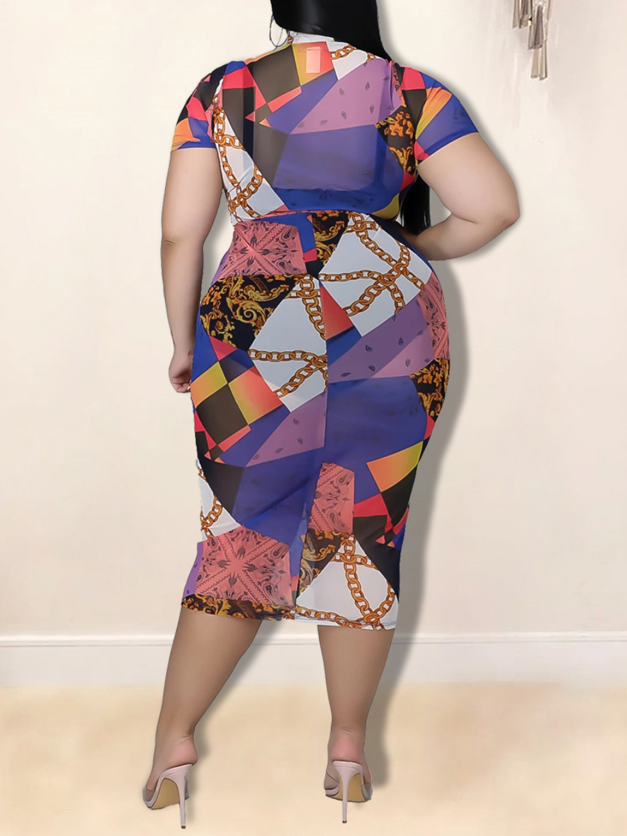 LW SXY Plus Size Geometric Mixed Print See-through Dress