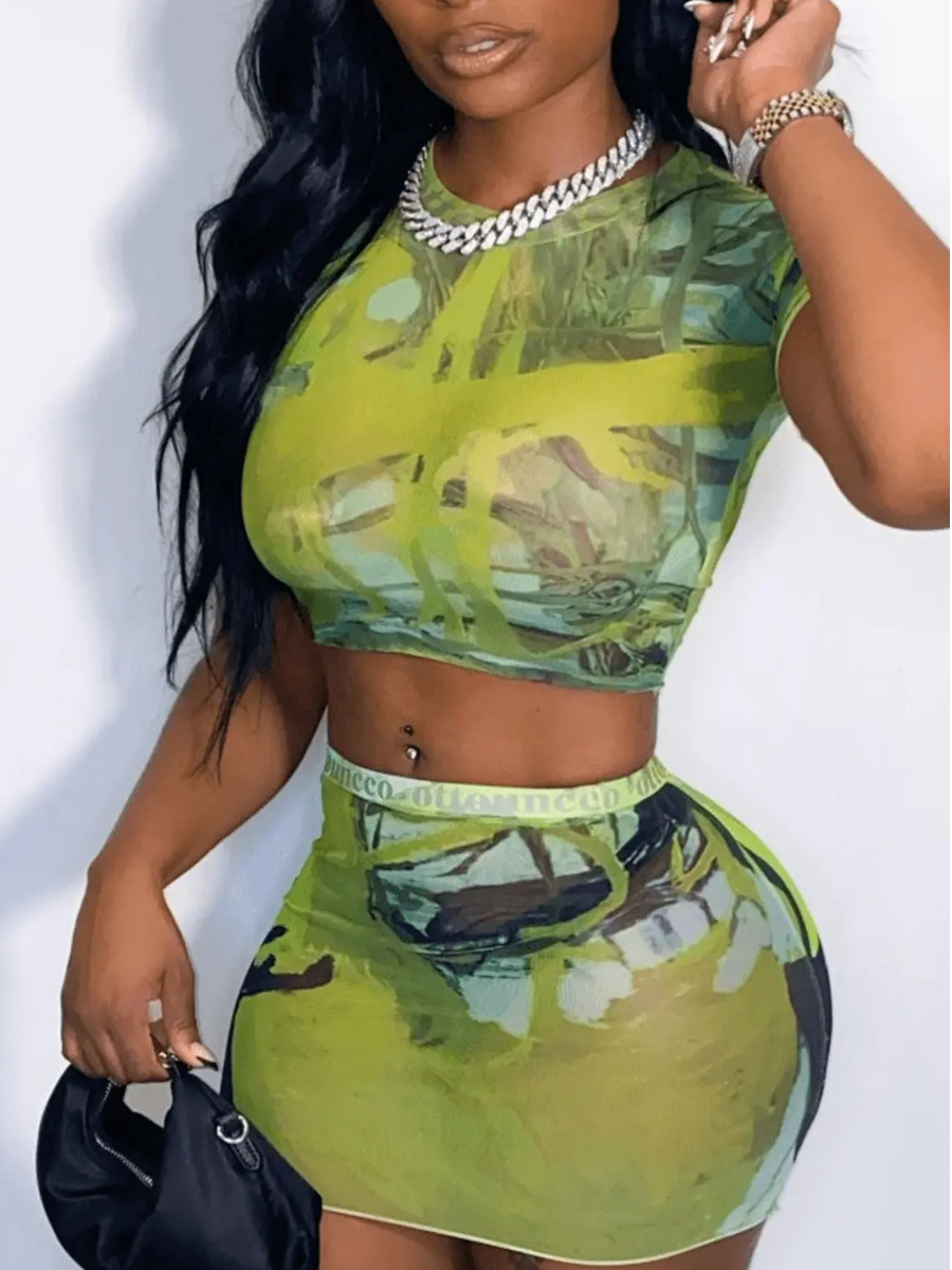 

LW SXY Letter Print Crop Top See-through Skirt Set, Green