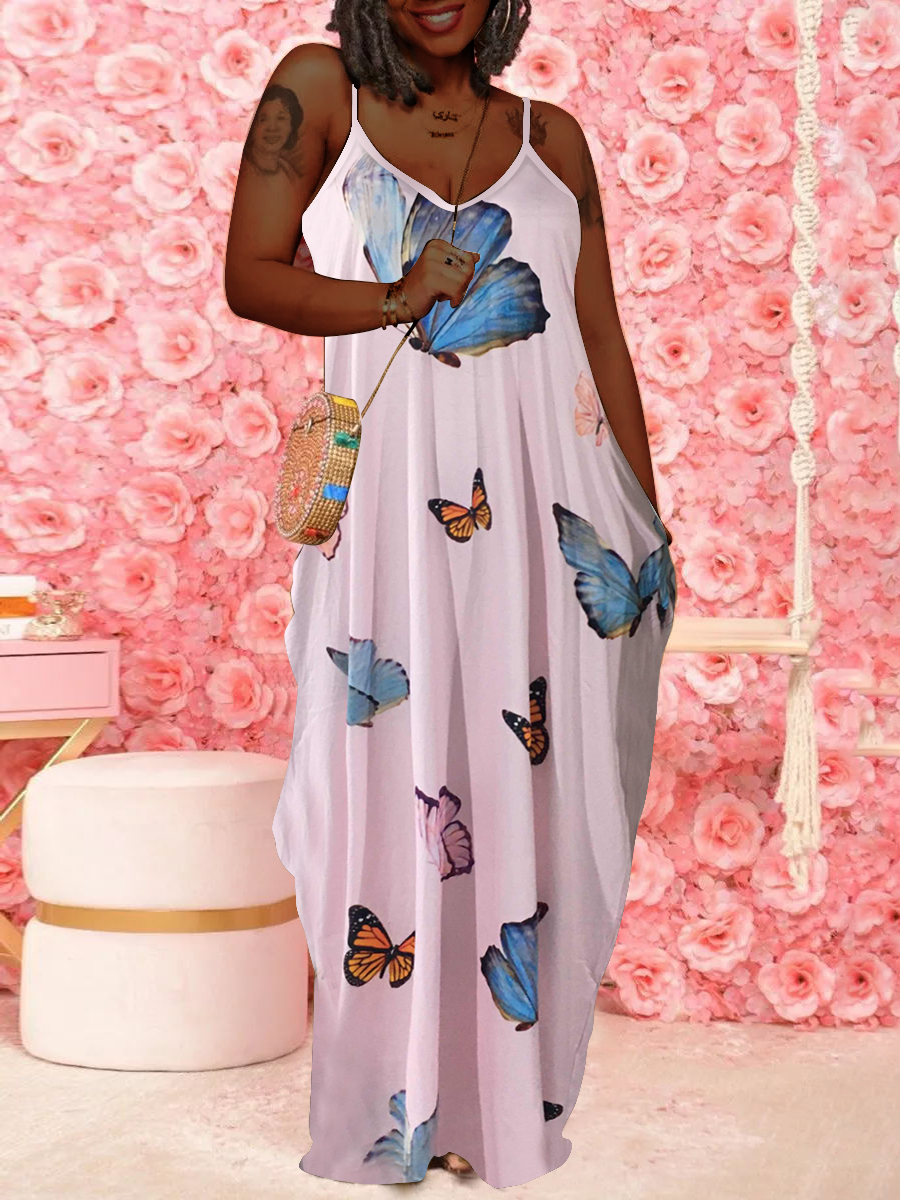 

LW Plus Size Butterfly Print Loose Cami Dress, Pink