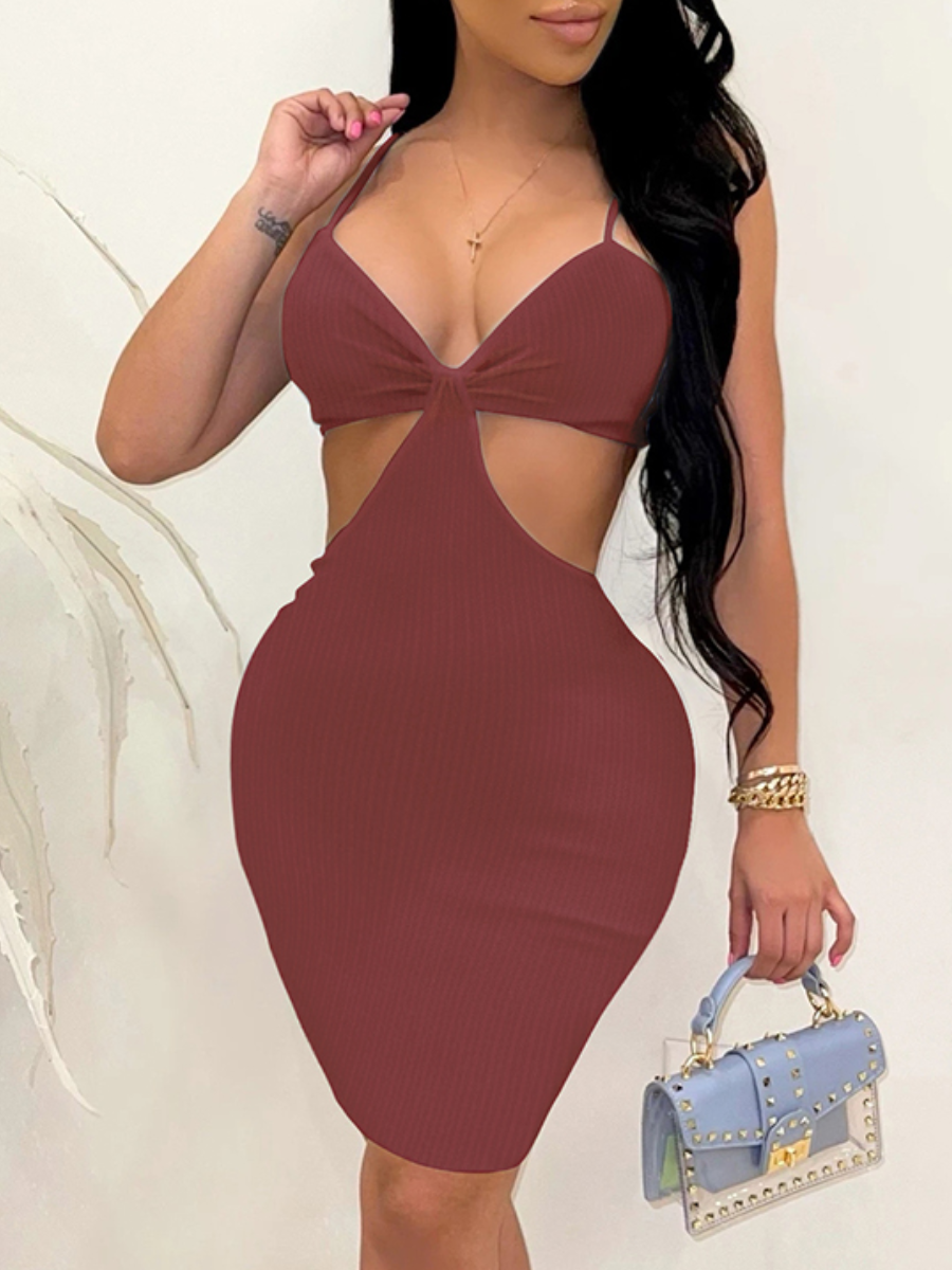 

LW SXY Rib-Knit Cut Out Bodycon Dress, Brick red