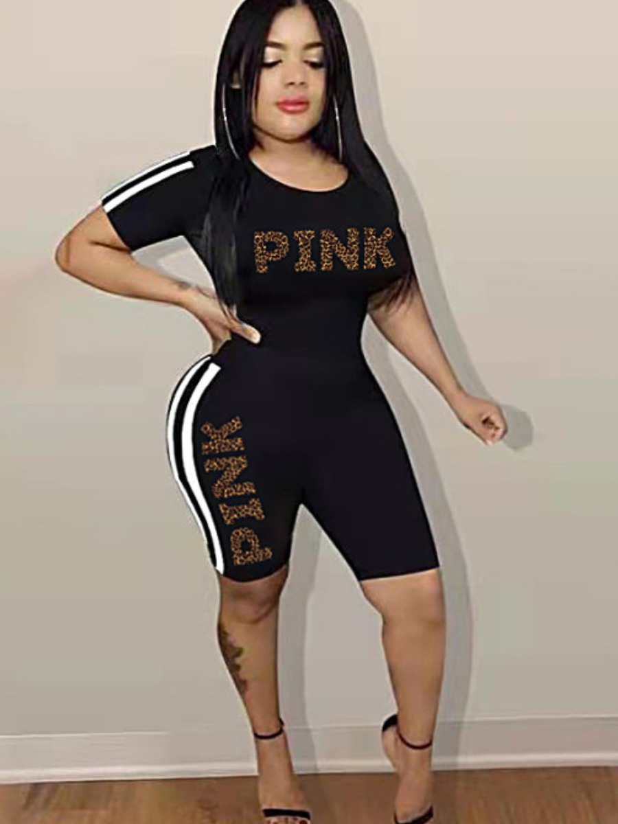 LW Plus Size Pink Letter Print Striped Shorts Set
