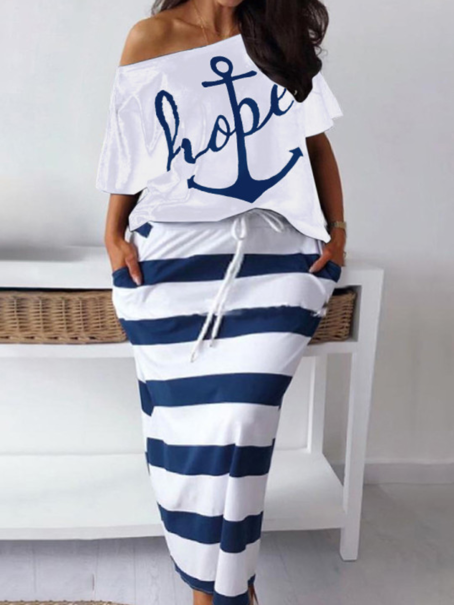

LW Plus Size Letter Print Striped Skirt Set, White