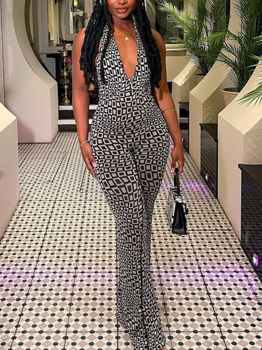 

LW Geometric Print Backless Jumpsuit, Black