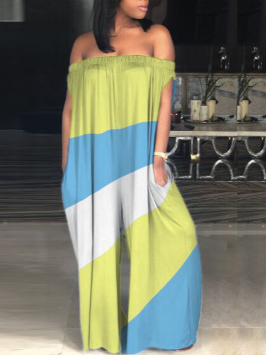 

LW Off The Shoulder Patchwork Wide Leg Jumpsuit, Lemon yellow