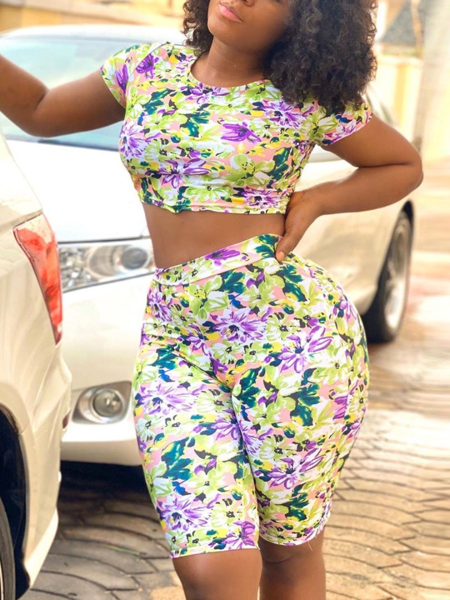 

LW Crop Top Floral Print Shorts Set, Multi