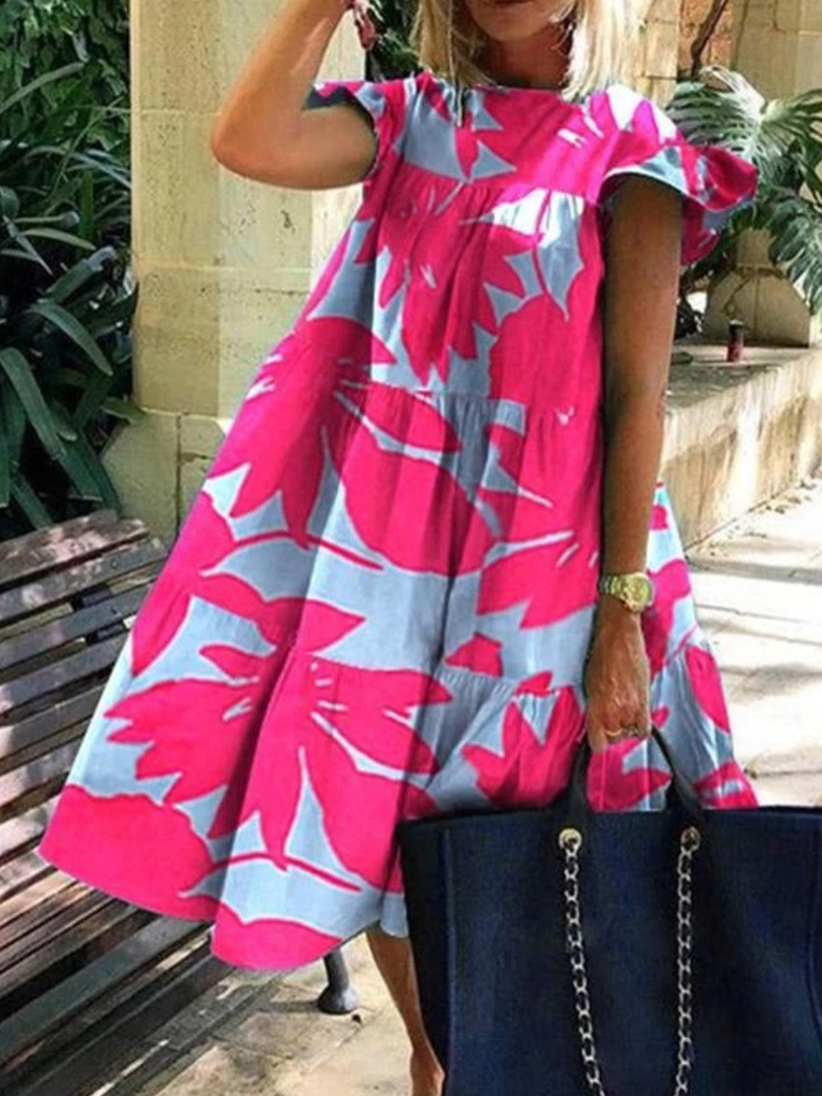 LovelyWholesale Floral Print A Line Loose Dress Summer Sleeveless Vacation Color Block Round Neck Spring Summer 2024