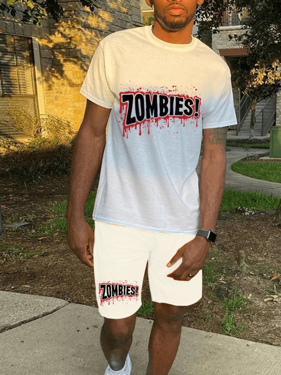 

LW Men Gradient Zombies Letter Print Shorts Set, White