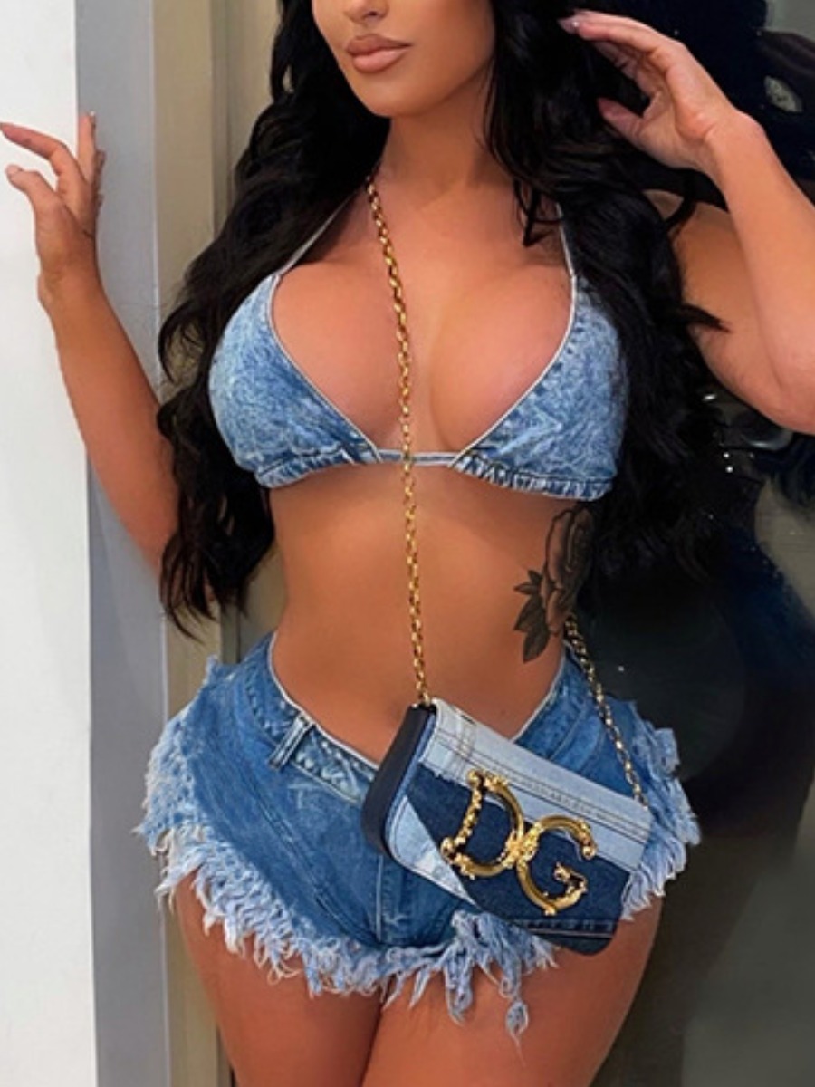 

LW Tassel Design Medium Stretchy Denim Shorts Set, Blue