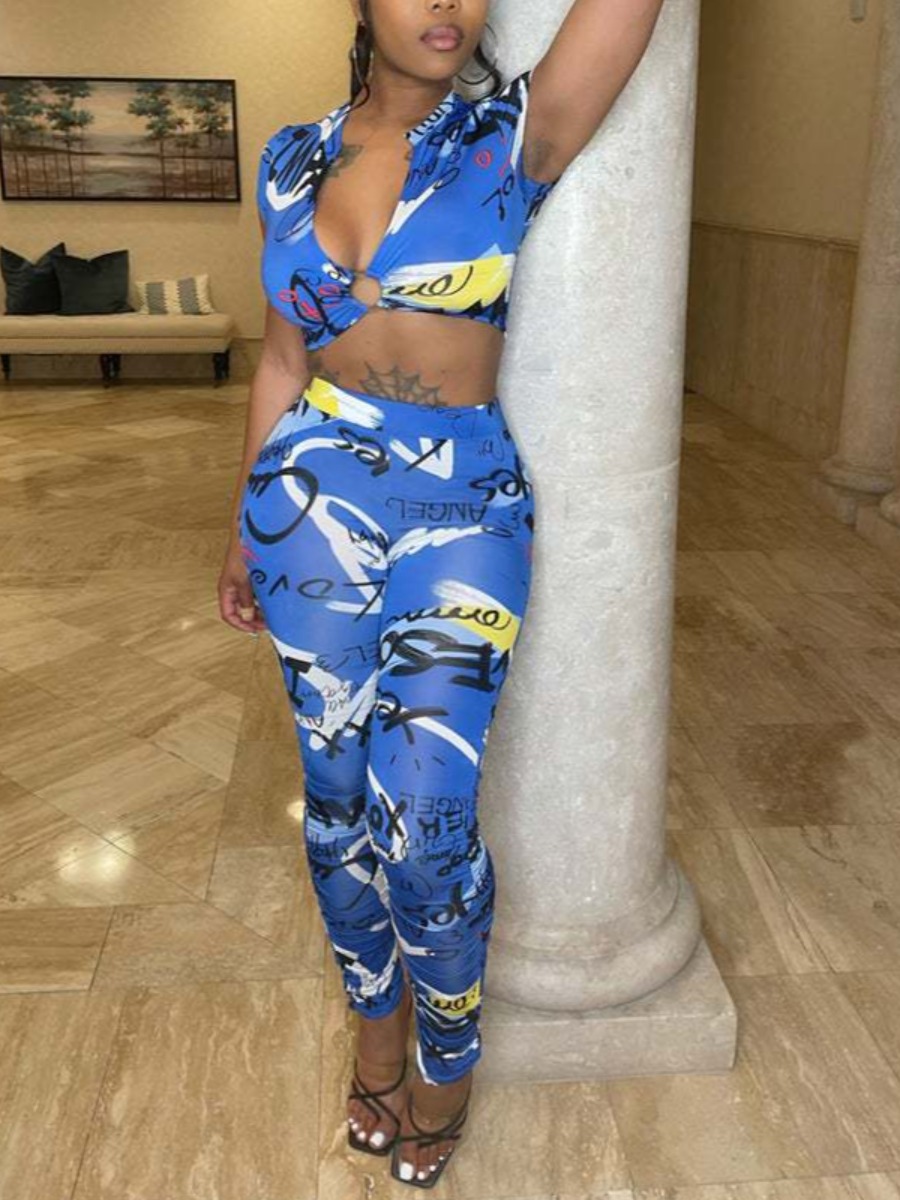 

LW Crop Top Letter Print Pants Set, Blue