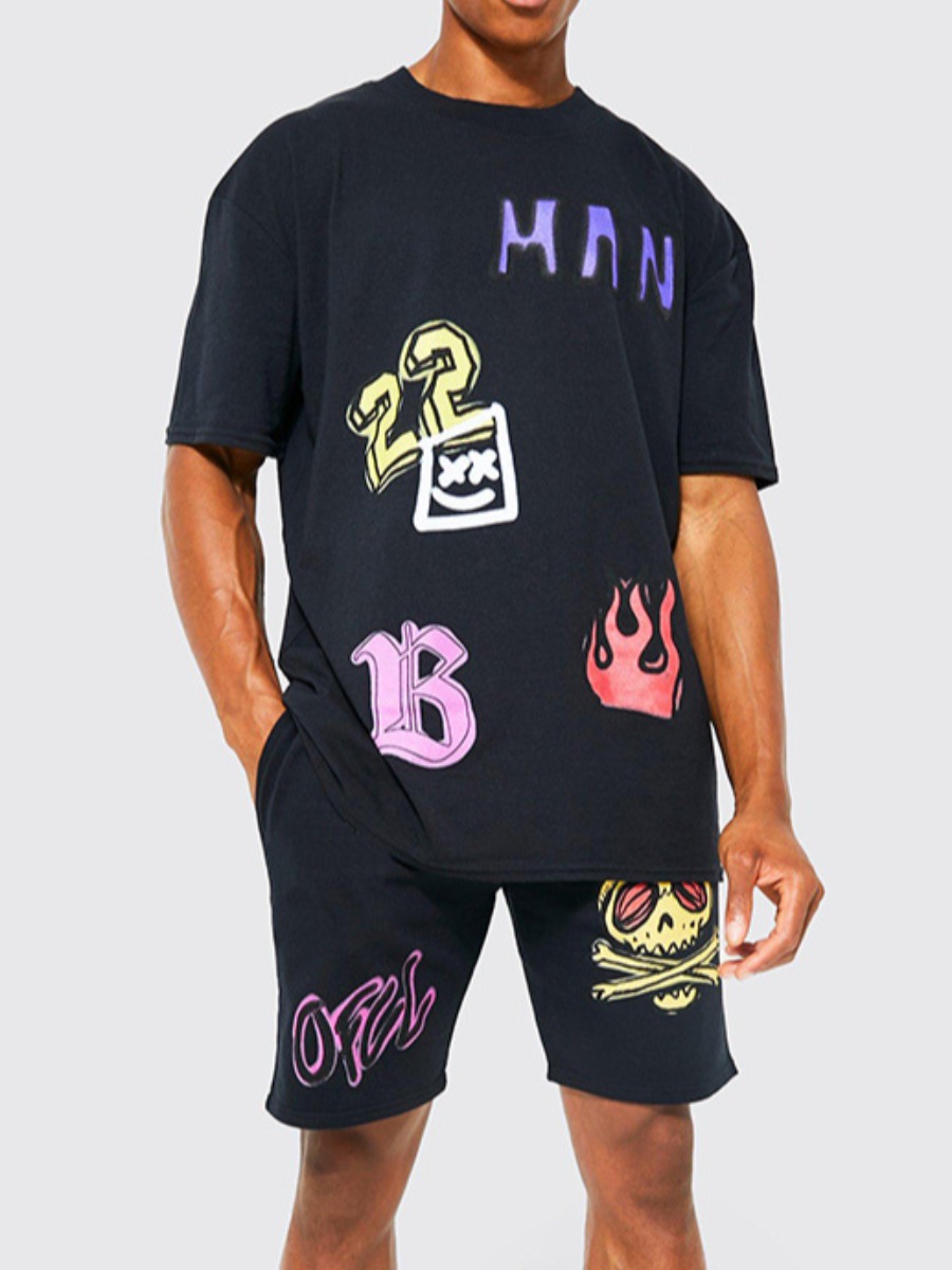 

LW Men Skull Head Letter Print Shorts Set, Black