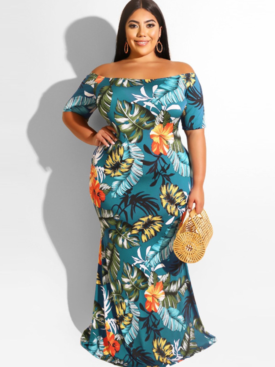 LW Plus Size Off The Shoulder Floral Print Mermaid Dress