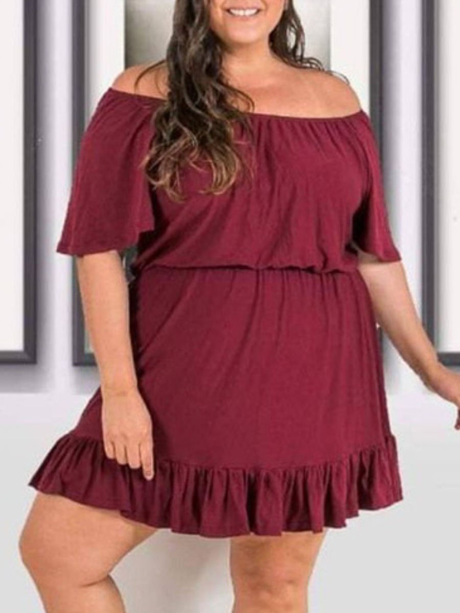 

LW BASICS Plus Size Off The Shoulder Ruffle Design Dress, Wine red