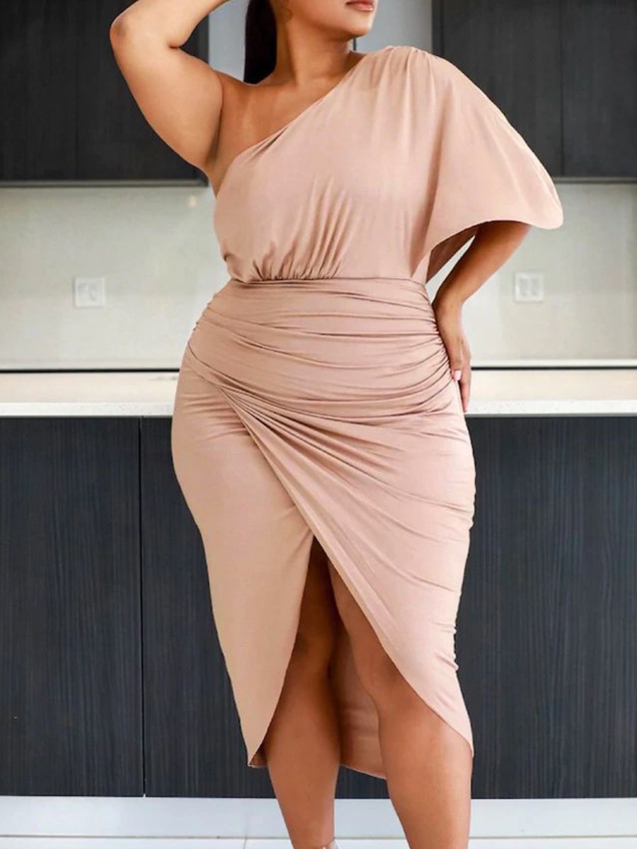 

LW SXY Plus Size One Shoulder Fold Design Dress, Dusty pink