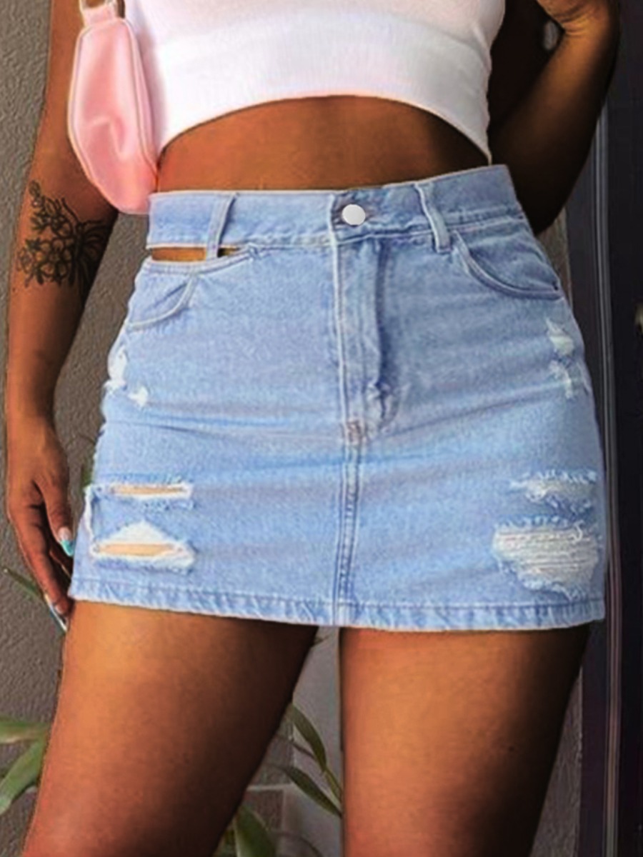 

LW Mid-Waist Distressed Ripped Low Stretchy Denim Skirts, Blue